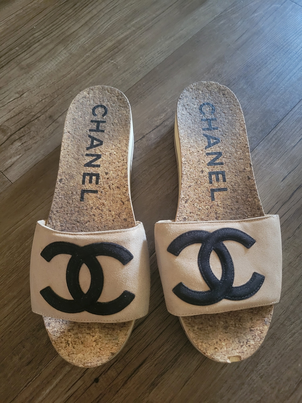 CHANEL Nude Leather Cork Slide Sandals with Black CC Emblem